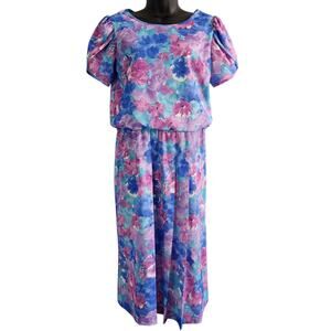 VINTAGE 80s floral midi dress handmade blue purple pink